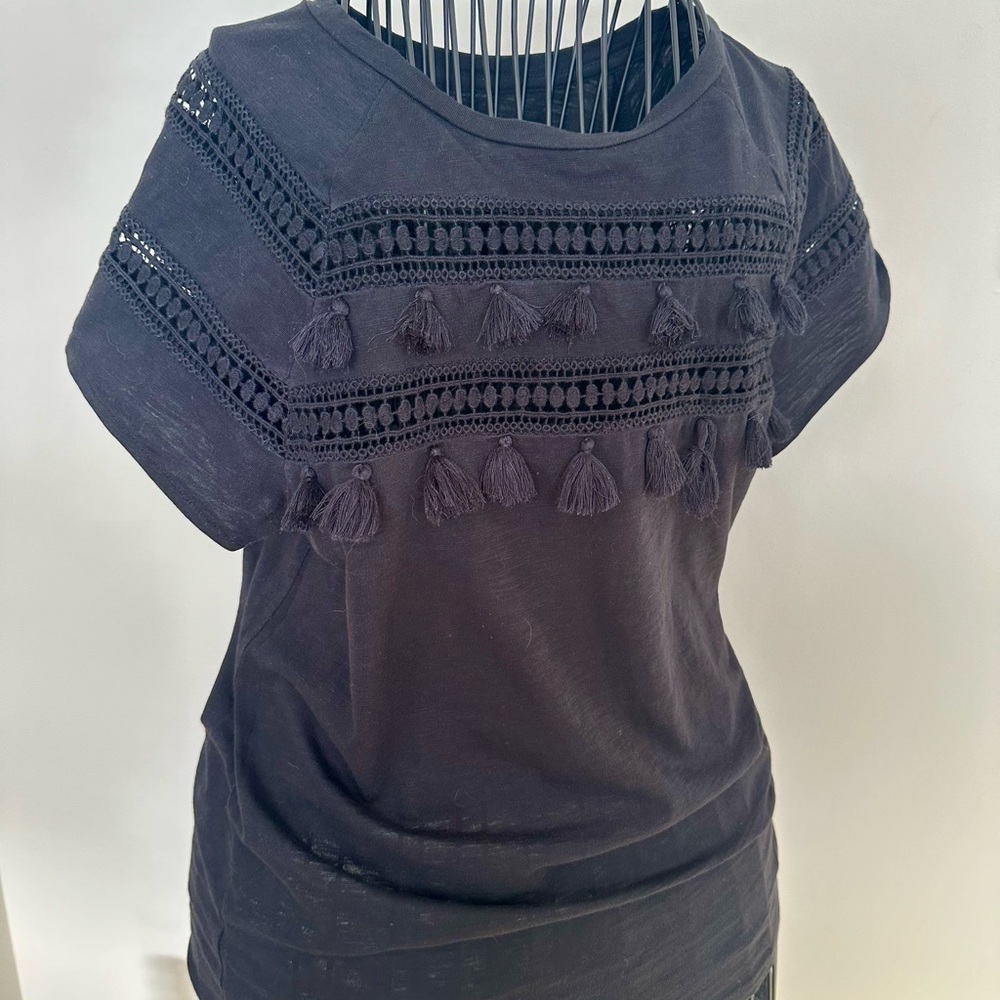 LOFT BLACK EMBELLISHED SHORT SLEEVE BLACK TEE TASSELS SIZE SMALL RETAIL $60